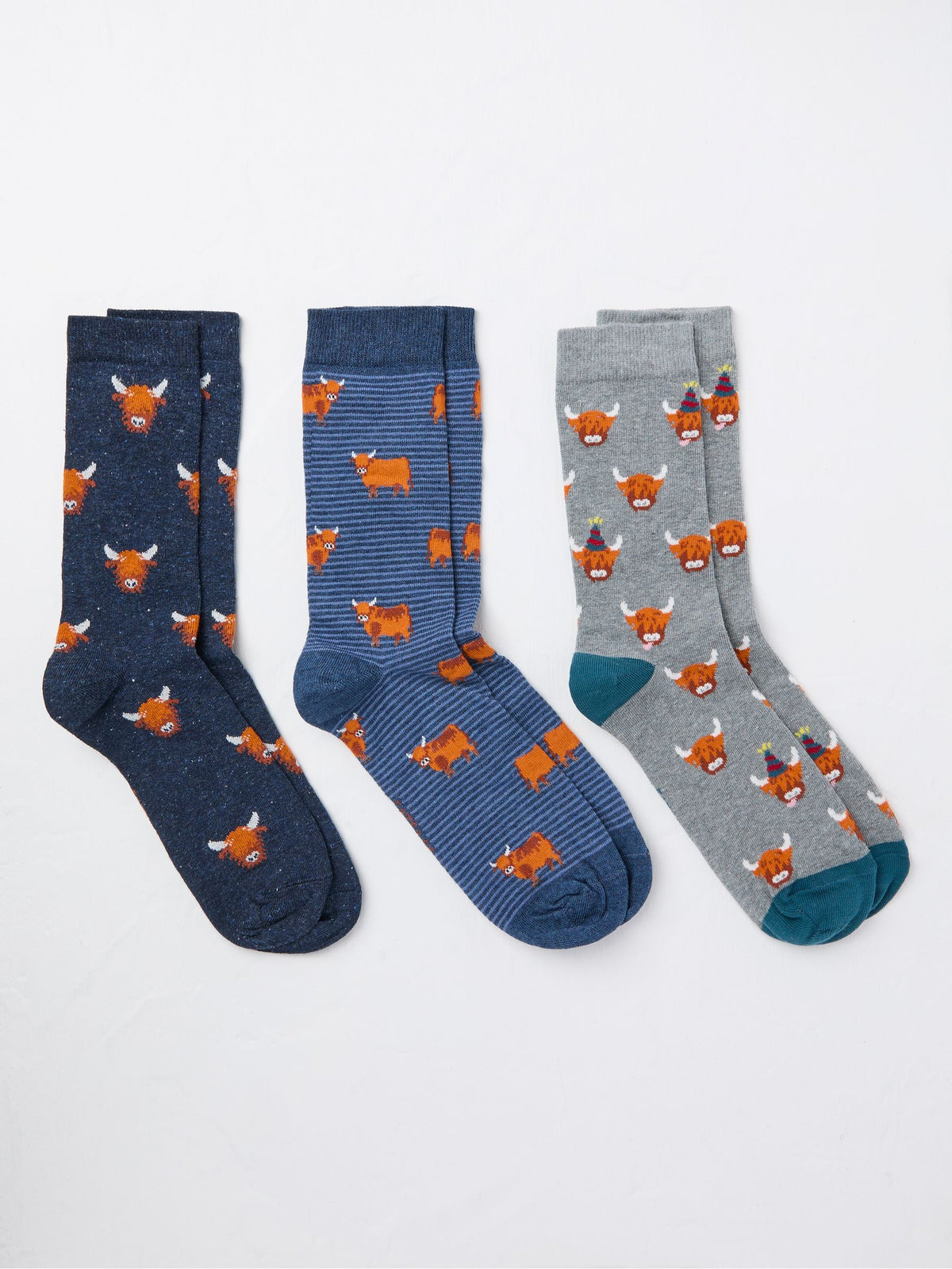 Blue 3 Pairs of Highland Cow Socks