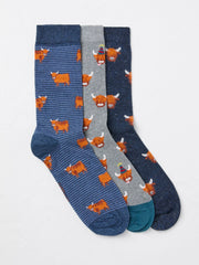 Blue 3 Pairs of Highland Cow Socks
