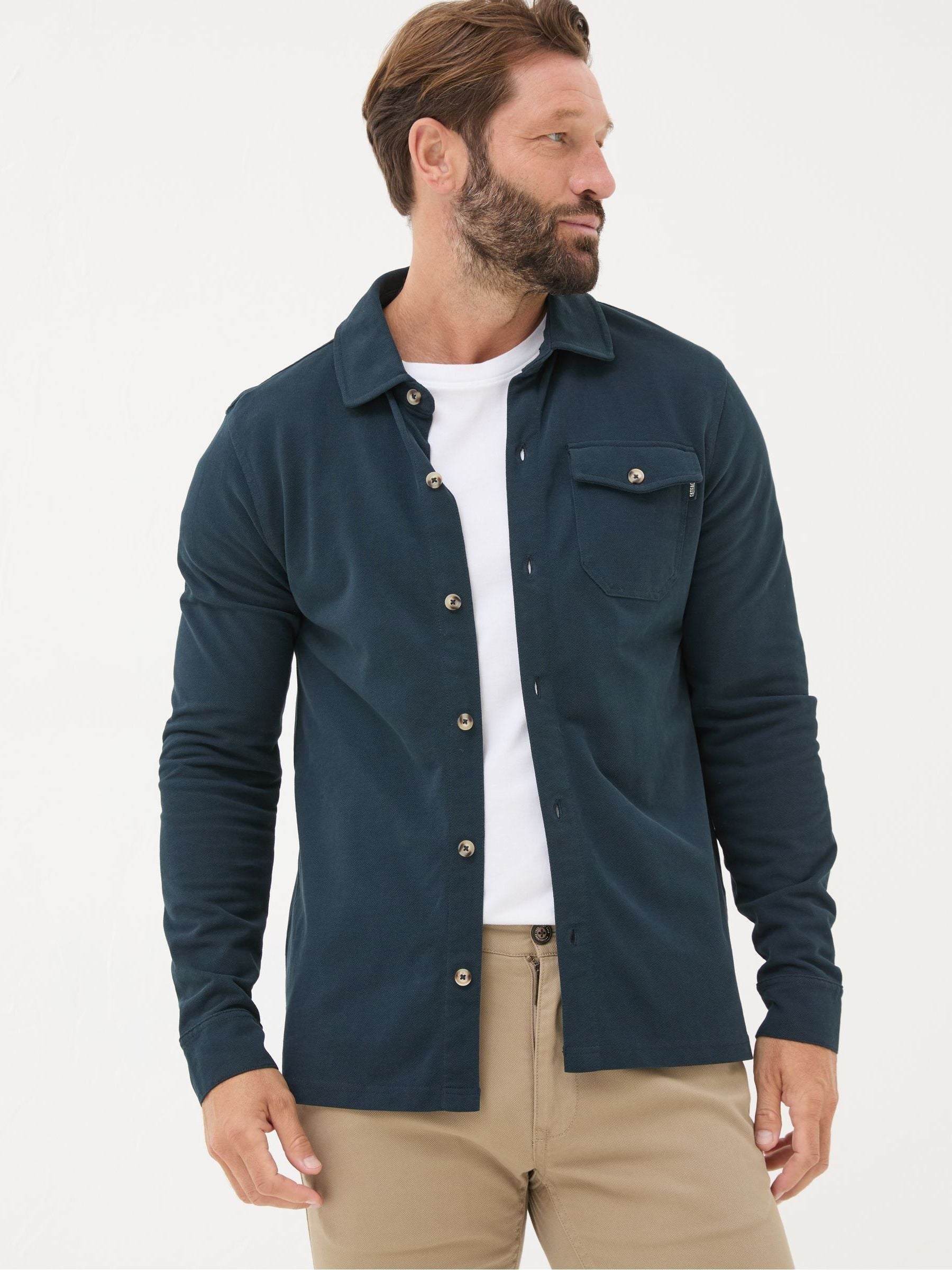 Navy Blue Long Sleeve Pique Shirt