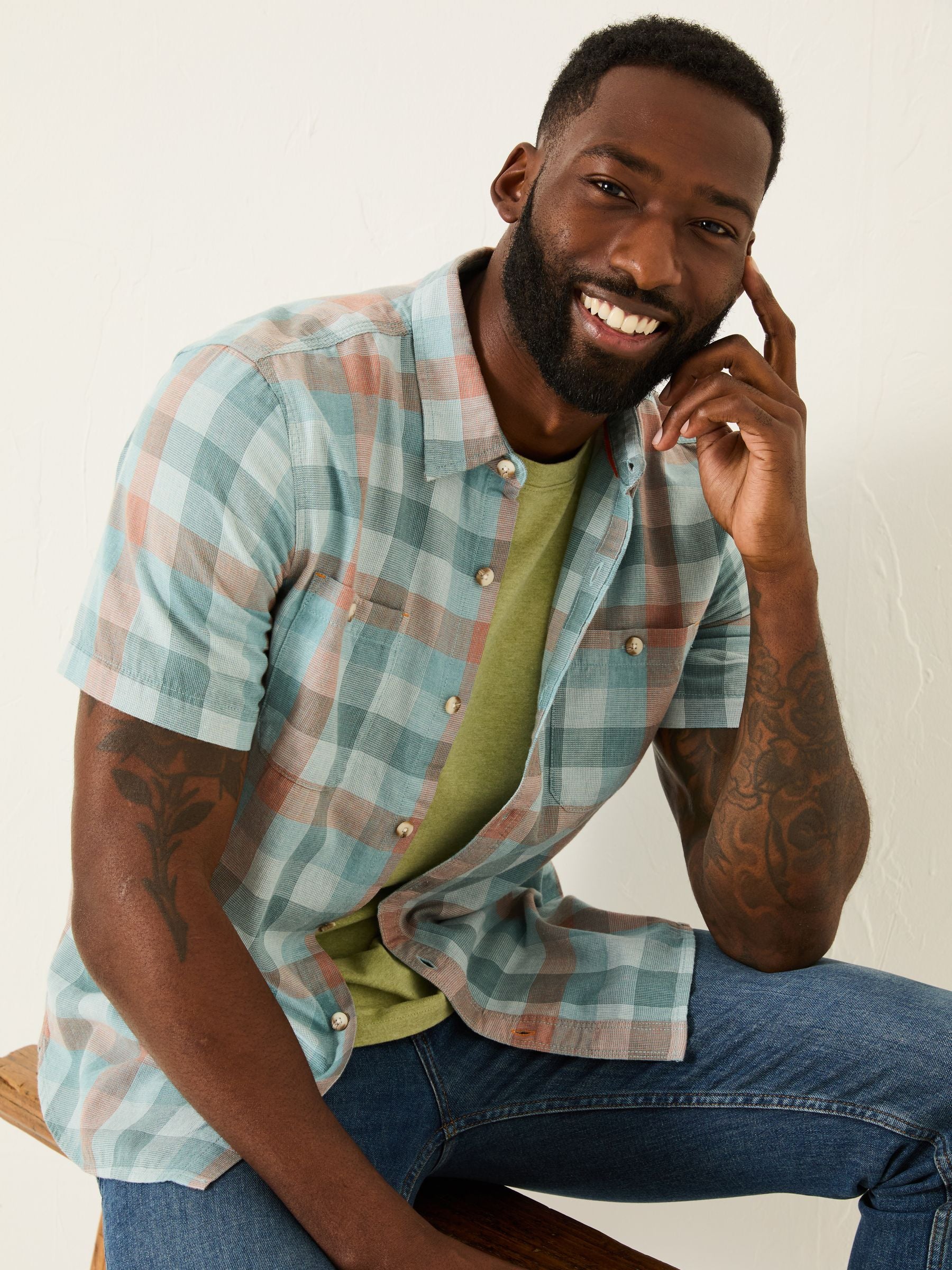 Pale Blue Short Sleeve Port Check Shirt