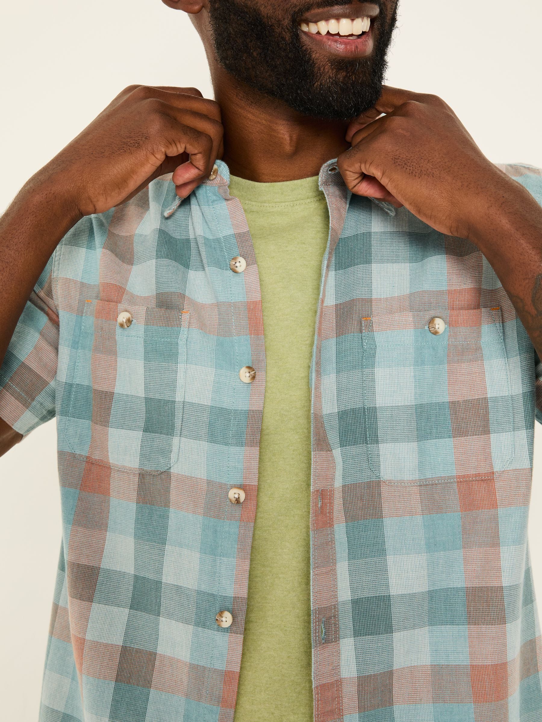 Pale Blue Short Sleeve Port Check Shirt