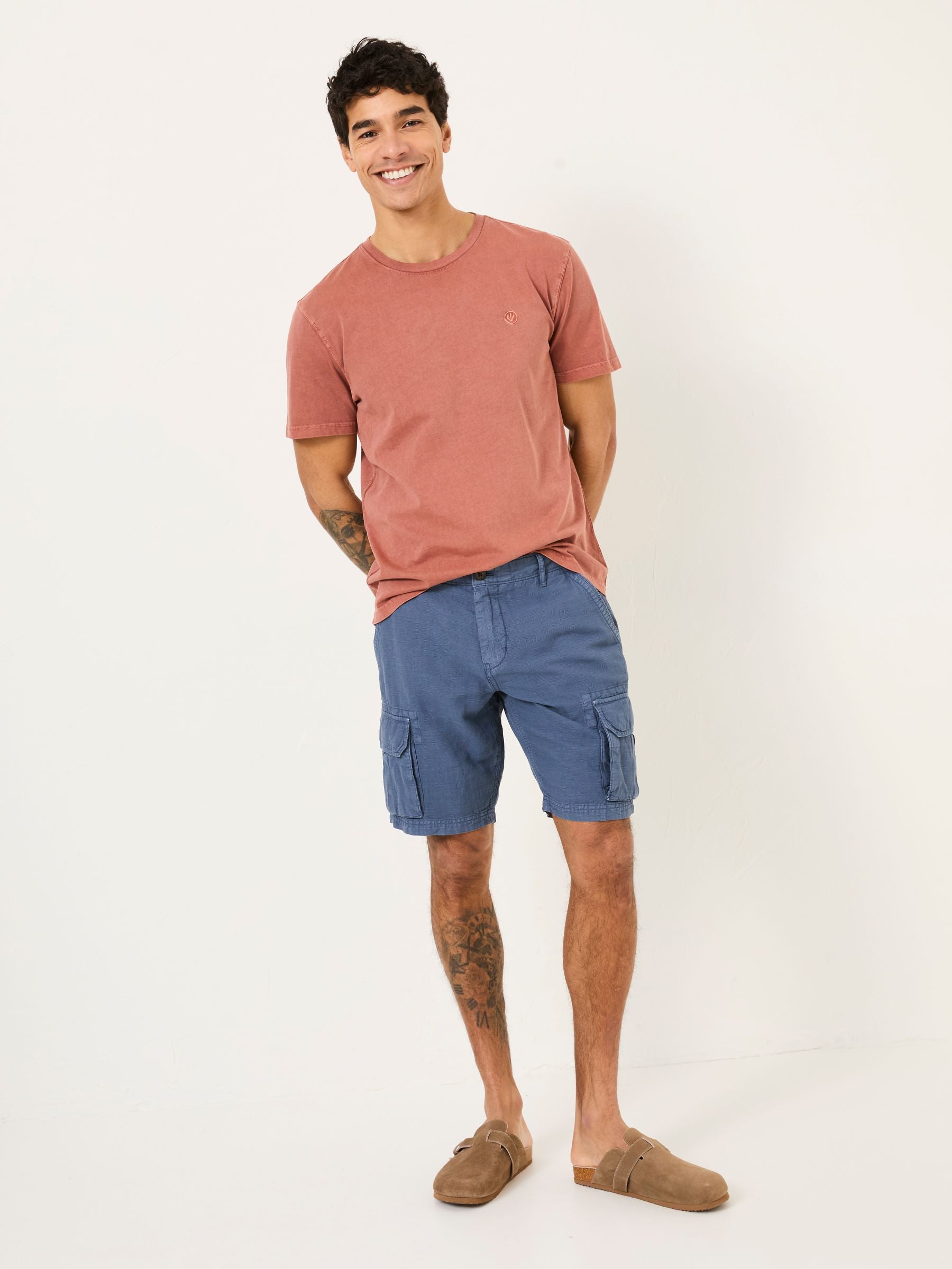 Blue Cotton Linen Cargo Shorts