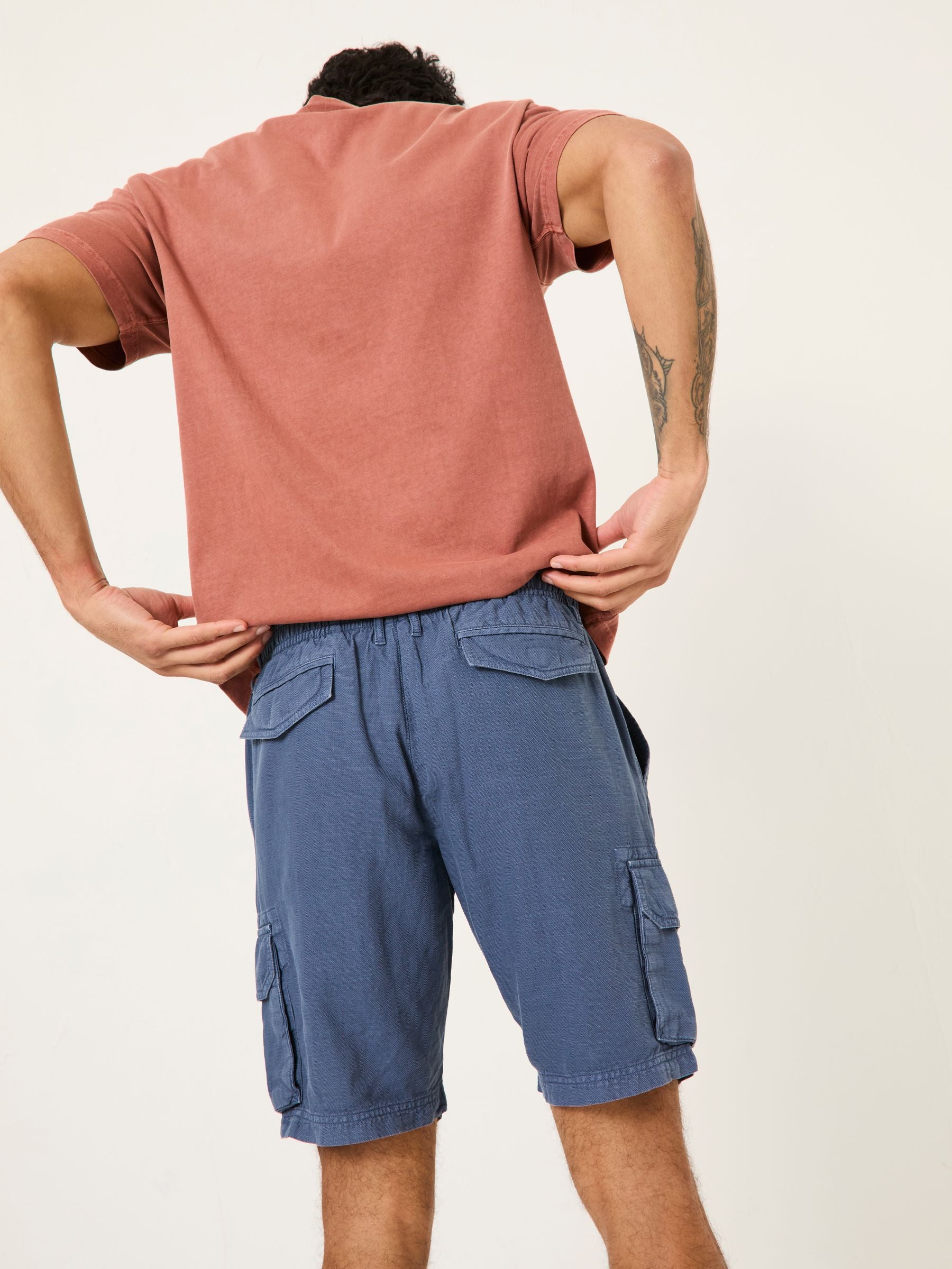 Blue Cotton Linen Cargo Shorts