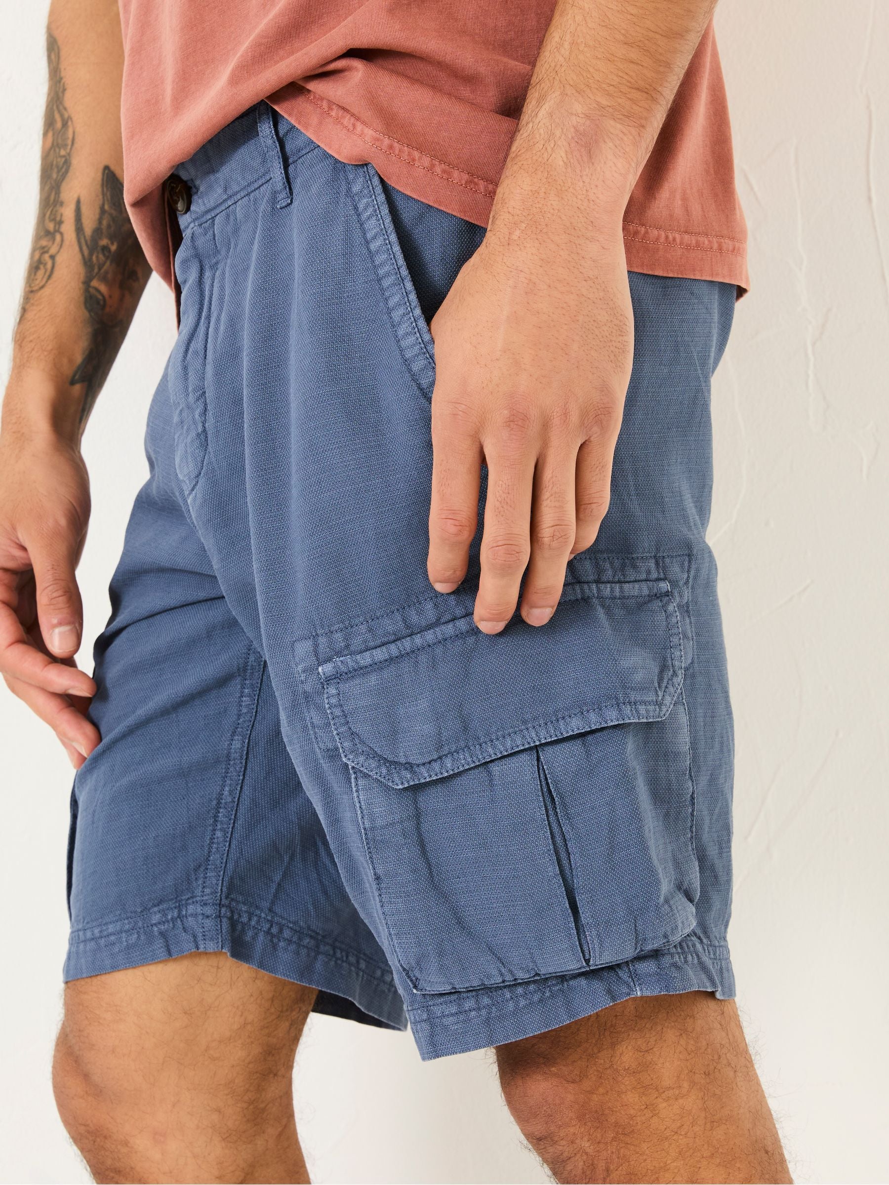 Blue Cotton Linen Cargo Shorts