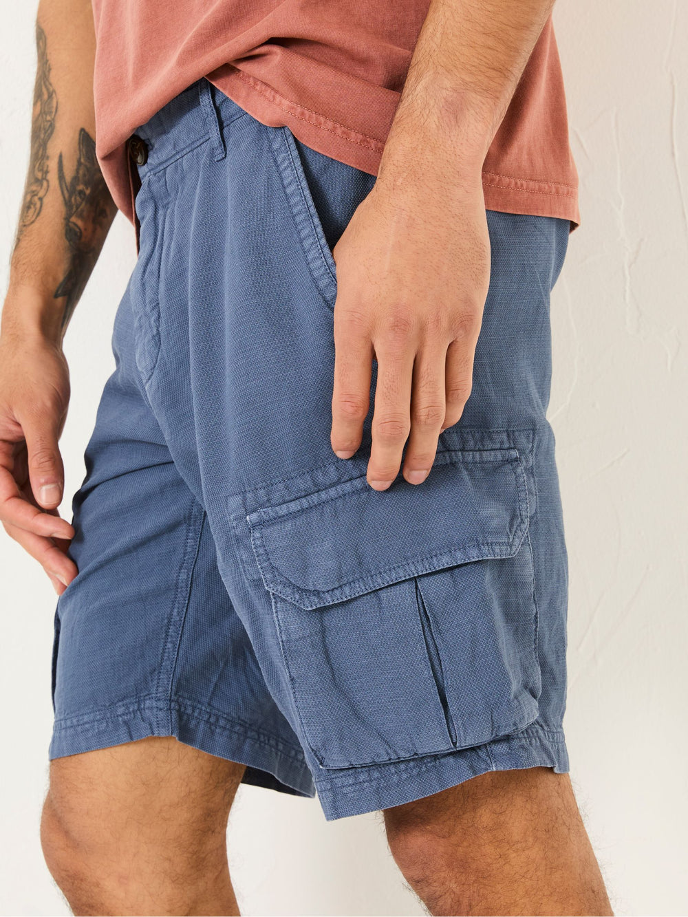 Blue Cotton Linen Cargo Shorts