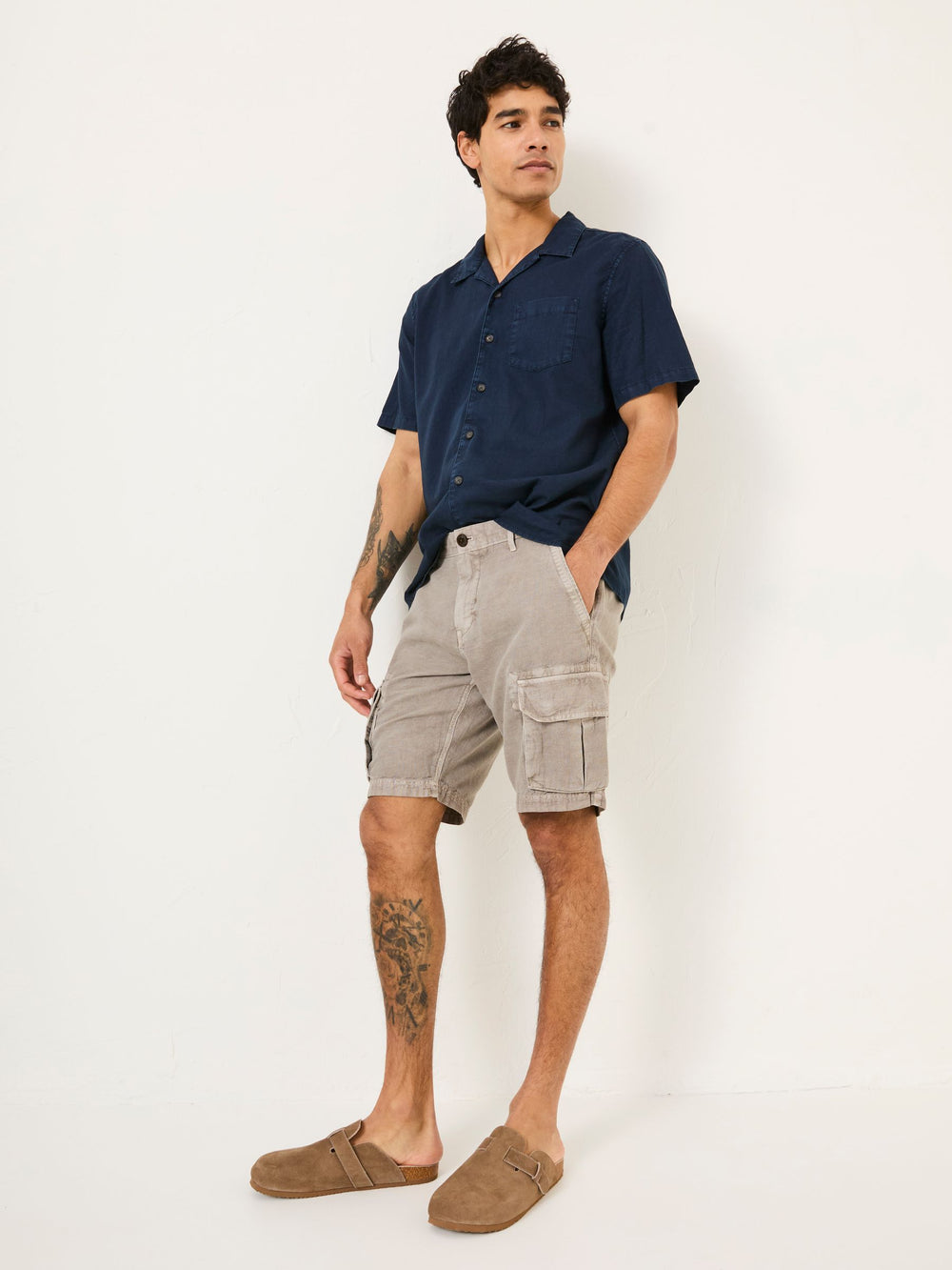 Grey Cotton Linen Cargo Shorts