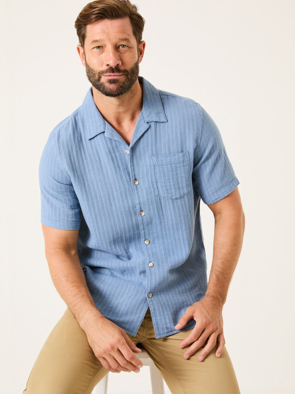 Bugle Blue Stripe Short Sleeve Linen Cotton Shirt
