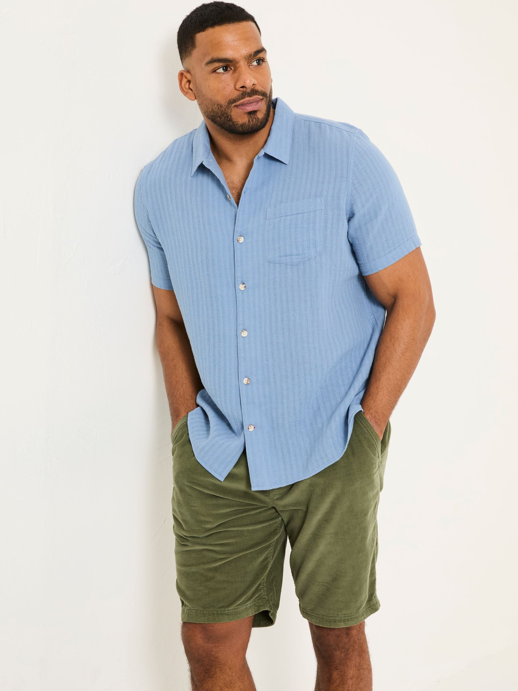 Bugle Blue Stripe Short Sleeve Linen Cotton Shirt