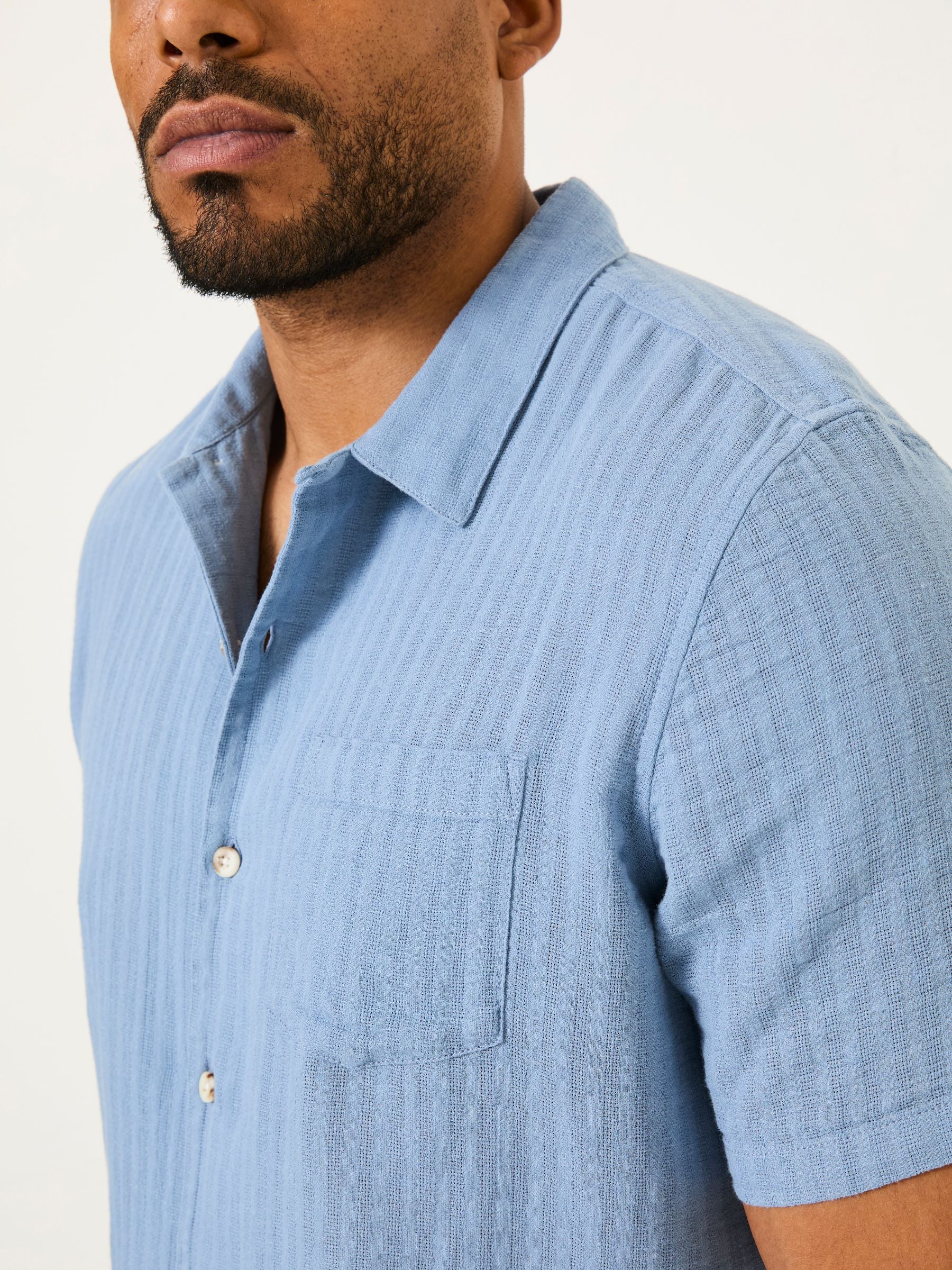 Bugle Blue Stripe Short Sleeve Linen Cotton Shirt