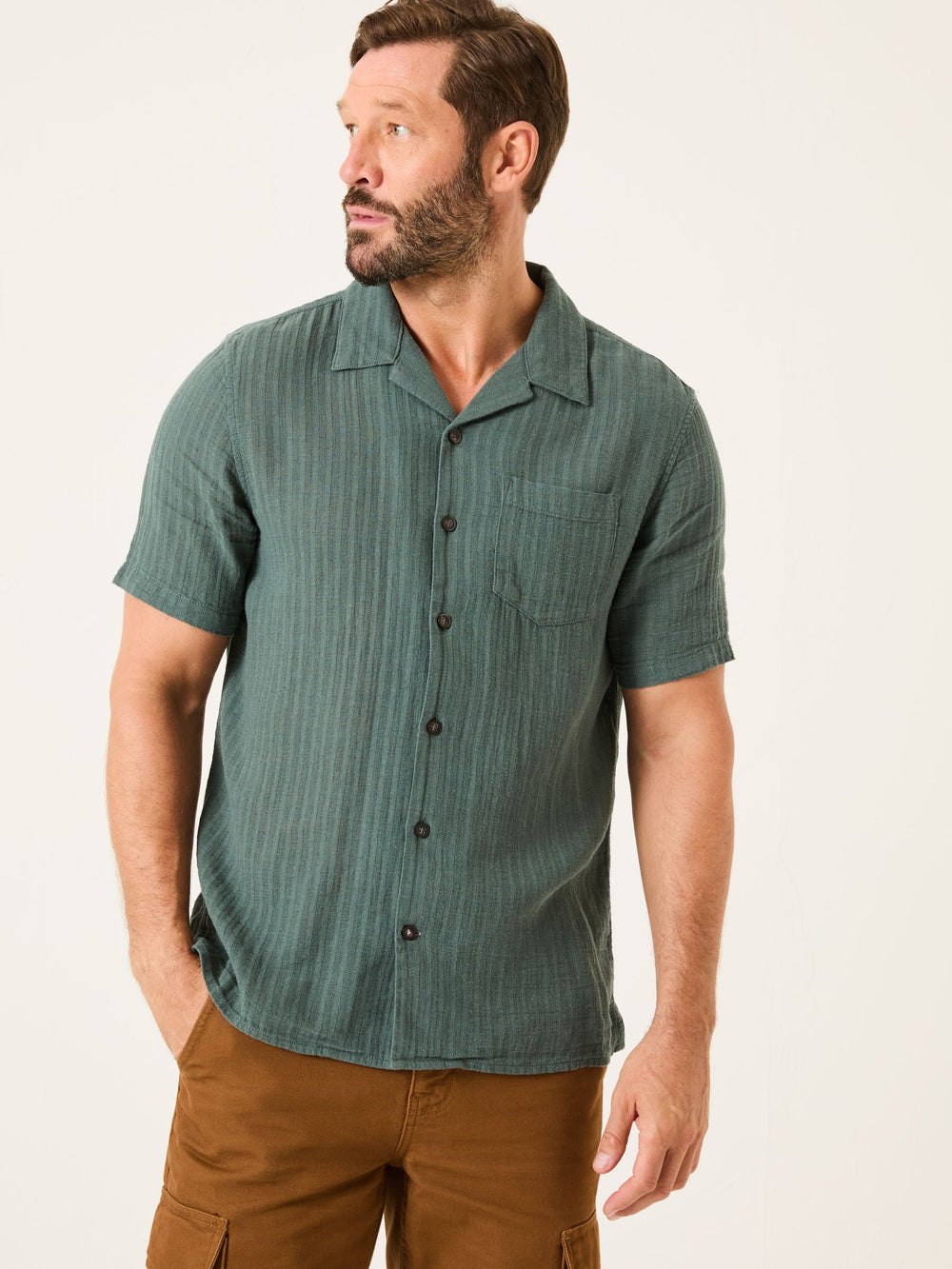 Bugle Dusky Green Stripe Short Sleeve Linen Cotton Shirt