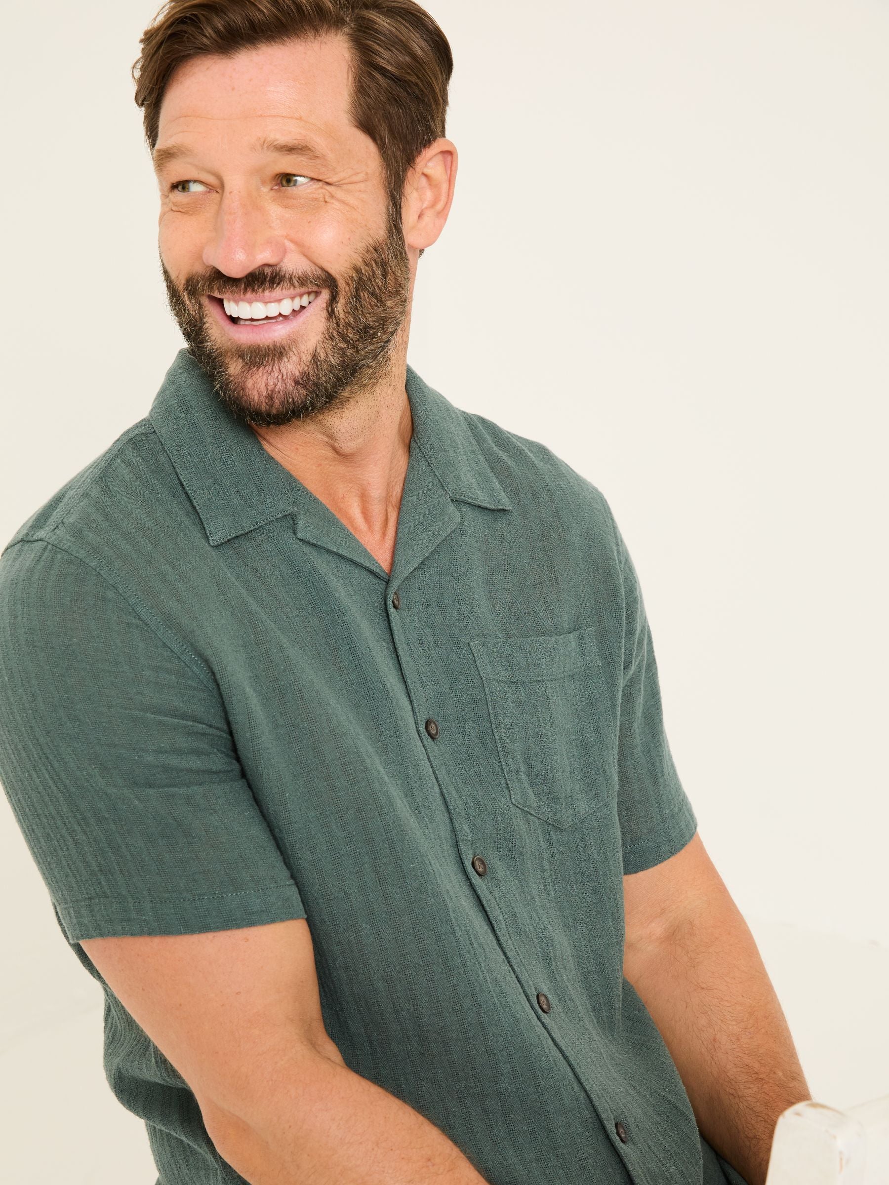 Bugle Dusky Green Stripe Short Sleeve Linen Cotton Shirt