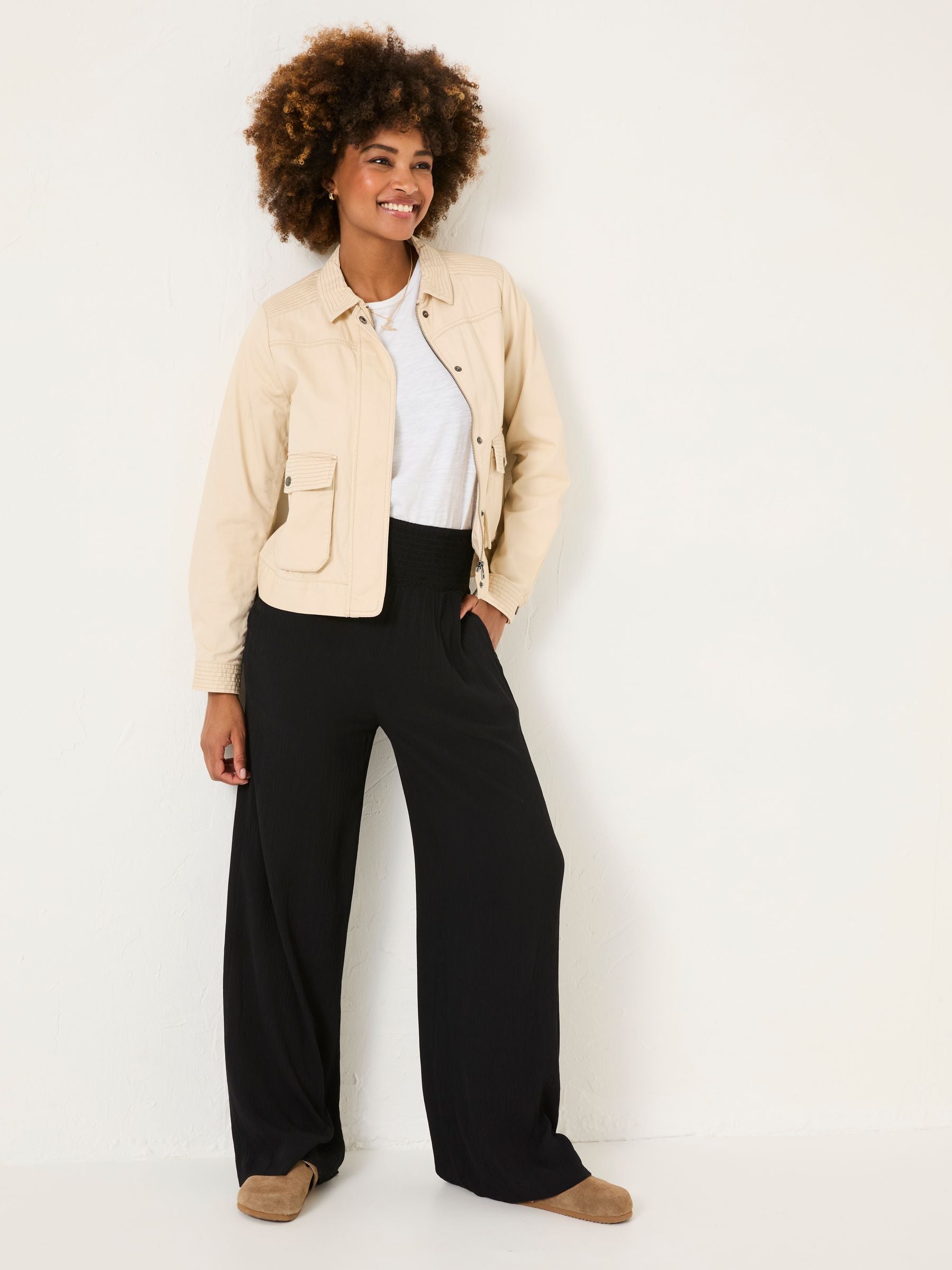 Black Shirred Palazzo Wide Leg Trousers
