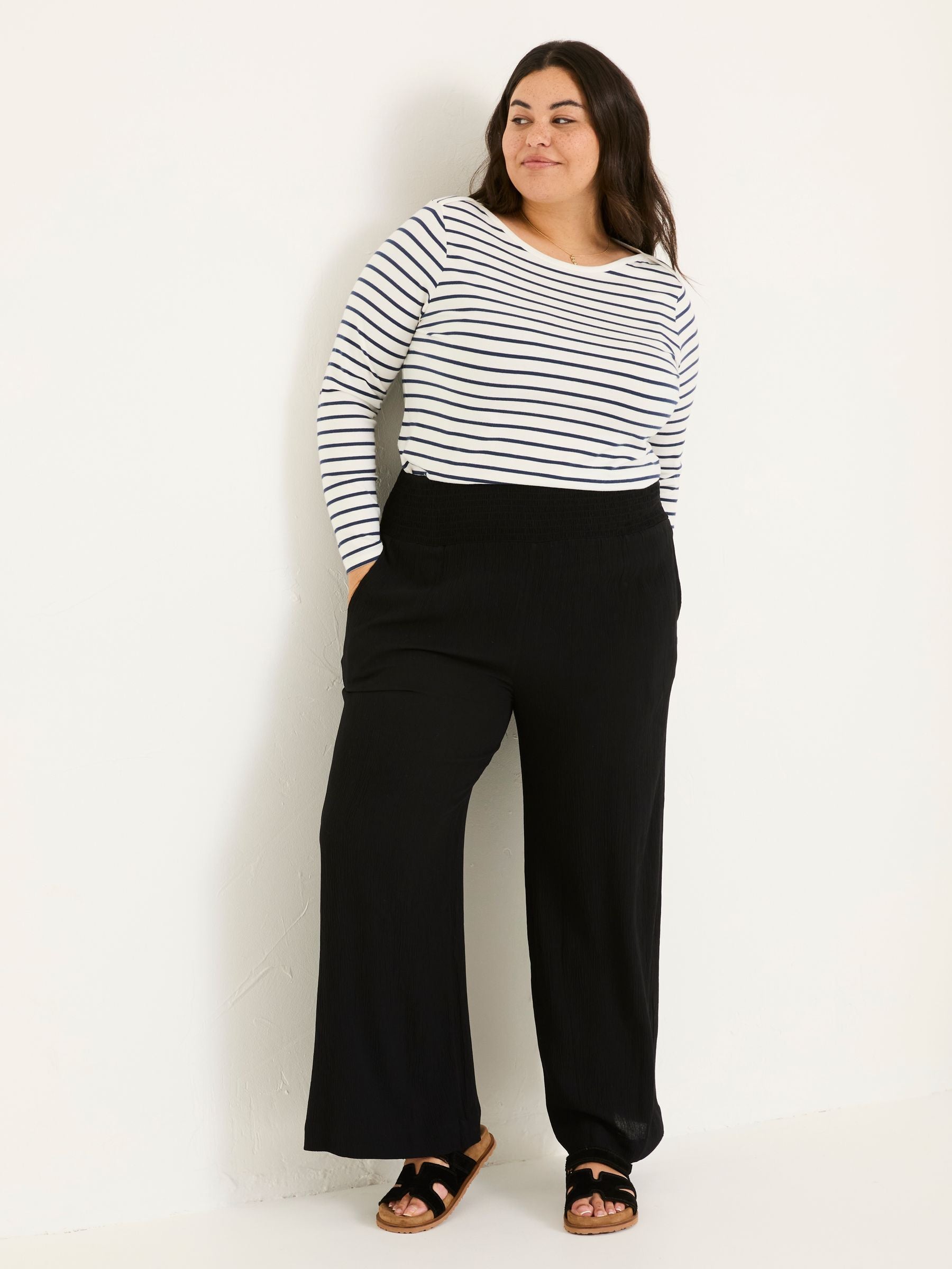 Black Shirred Palazzo Wide Leg Trousers