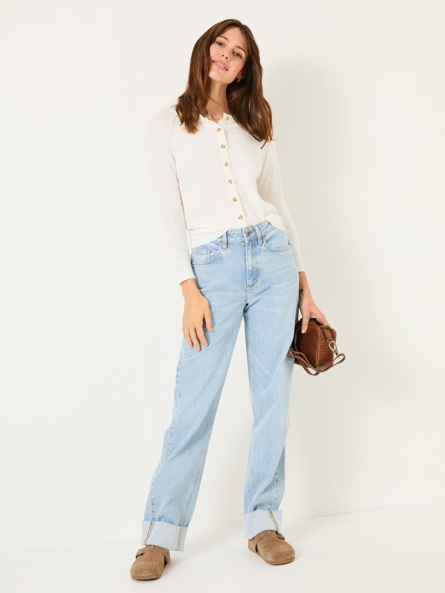 Rose White Crew Neck Cardigan