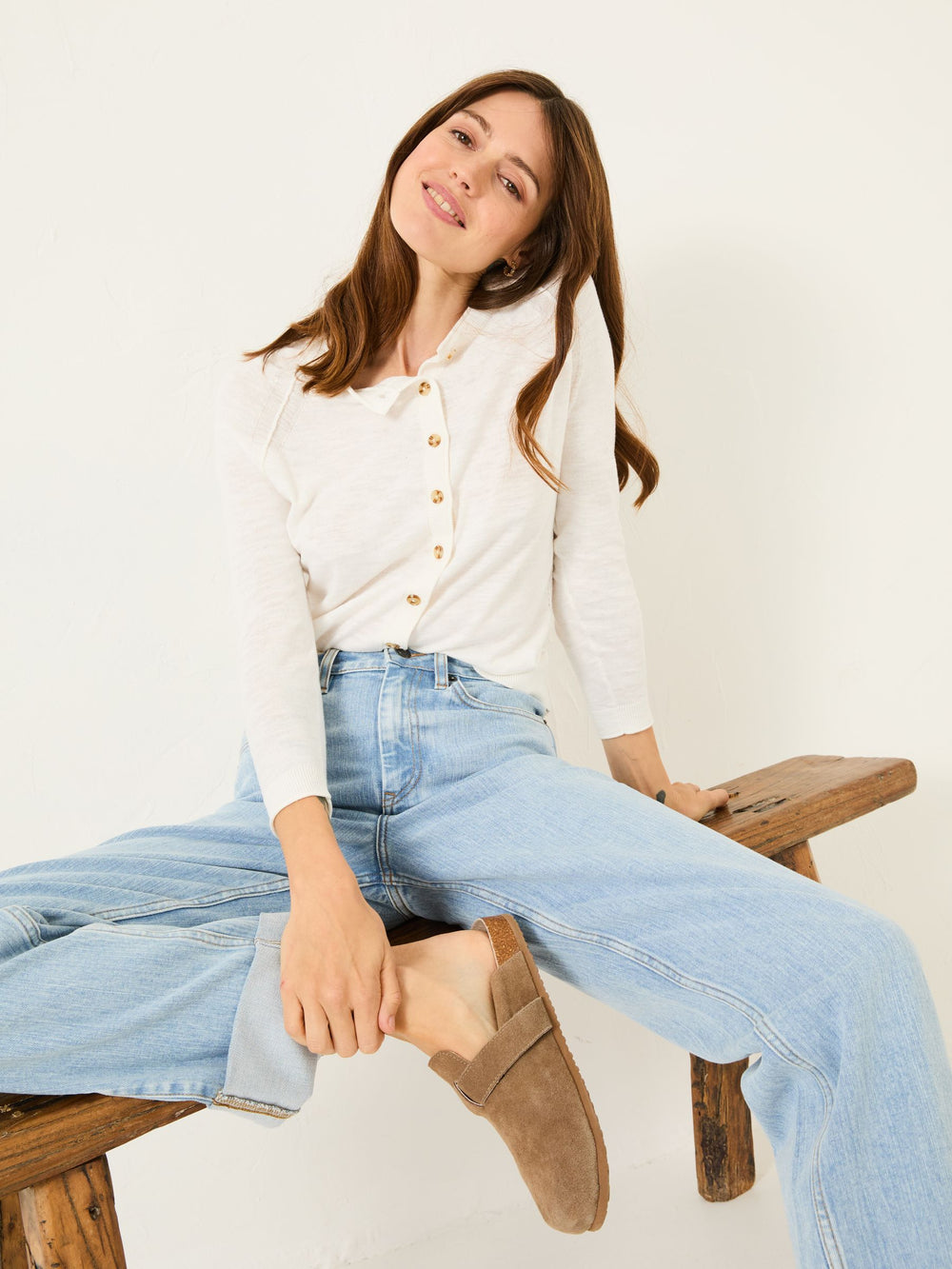 Rose White Crew Neck Cardigan