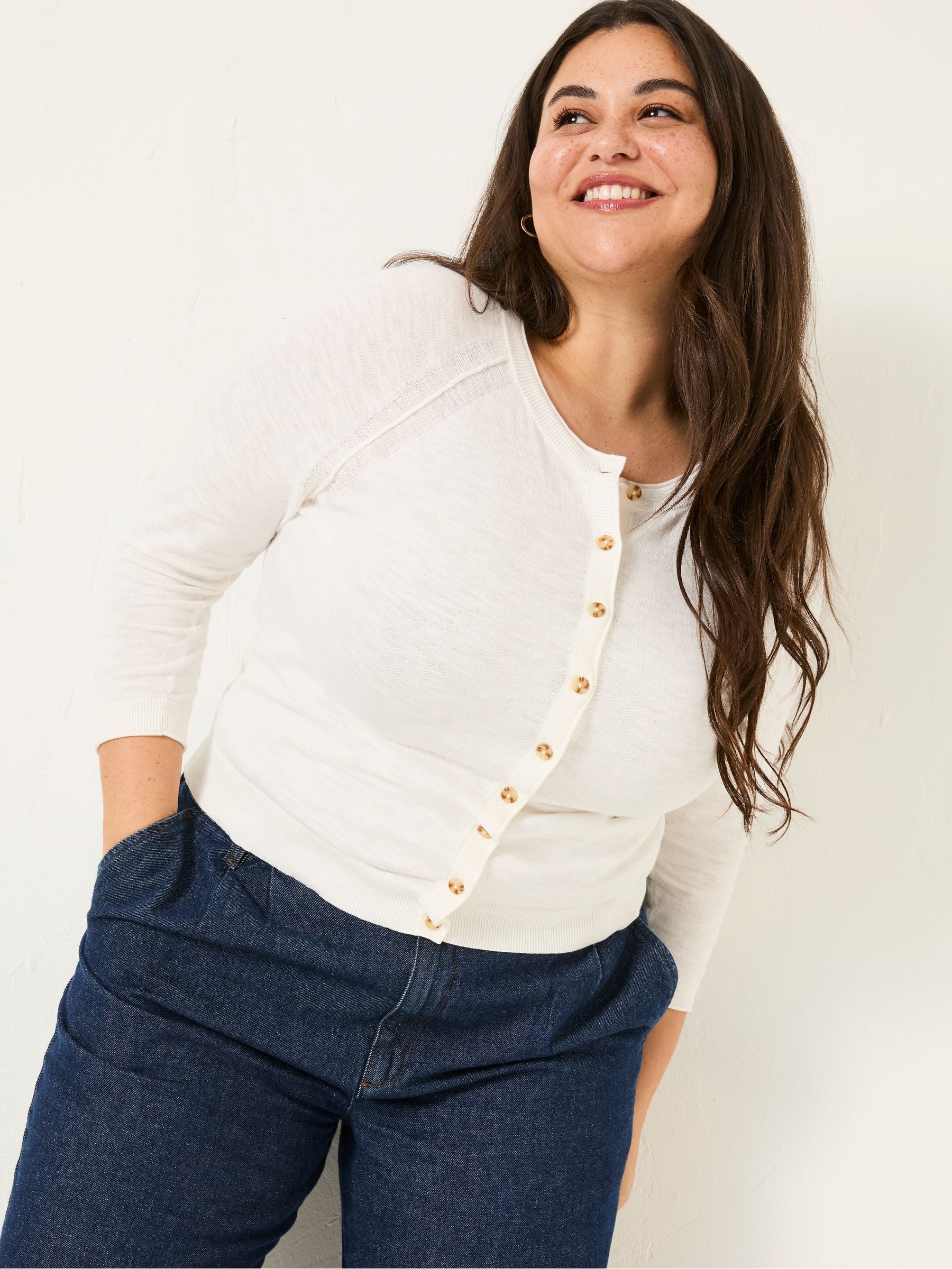 Rose White Crew Neck Cardigan