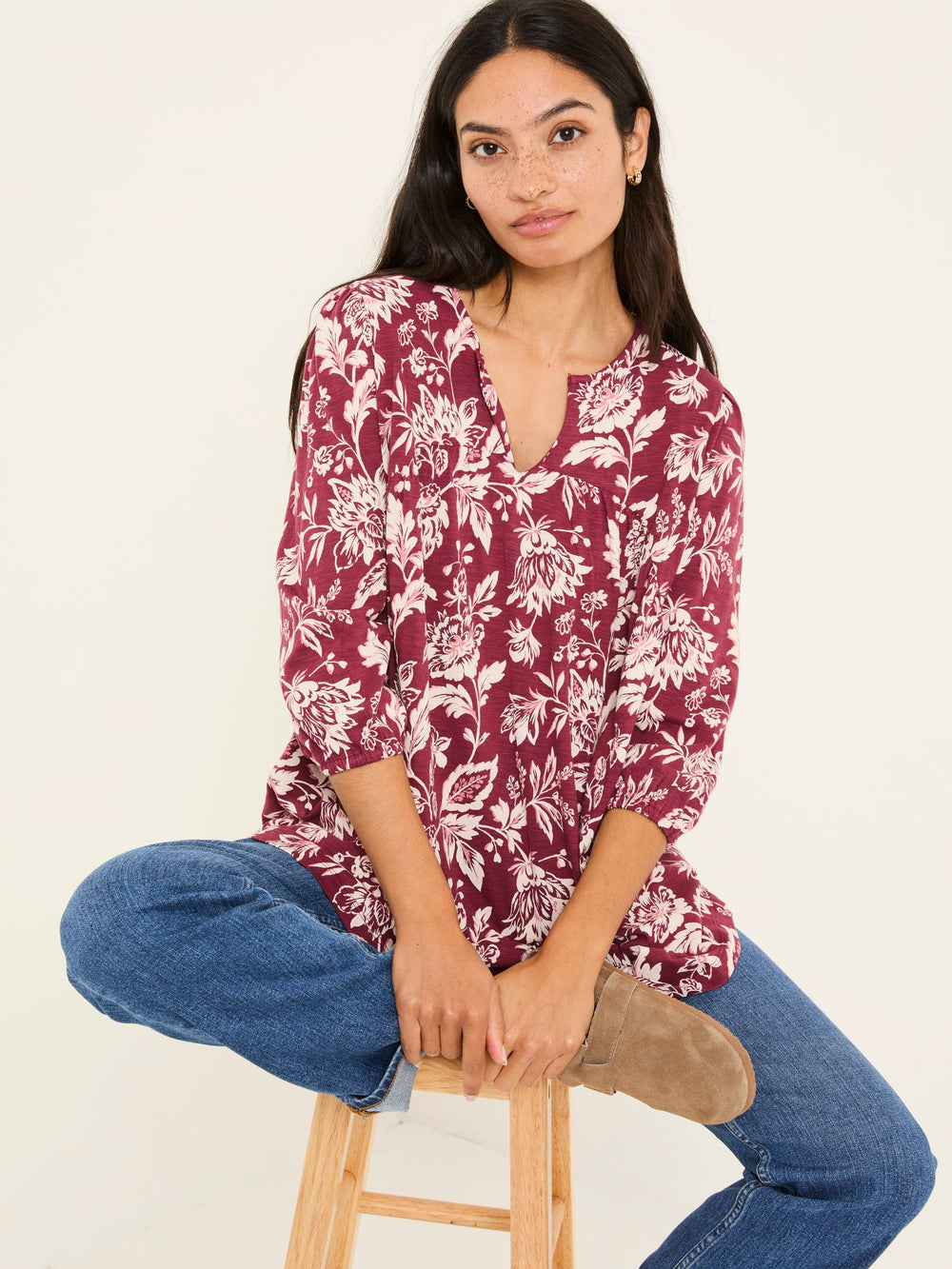 Enya Burgundy Brush Floral Tunic