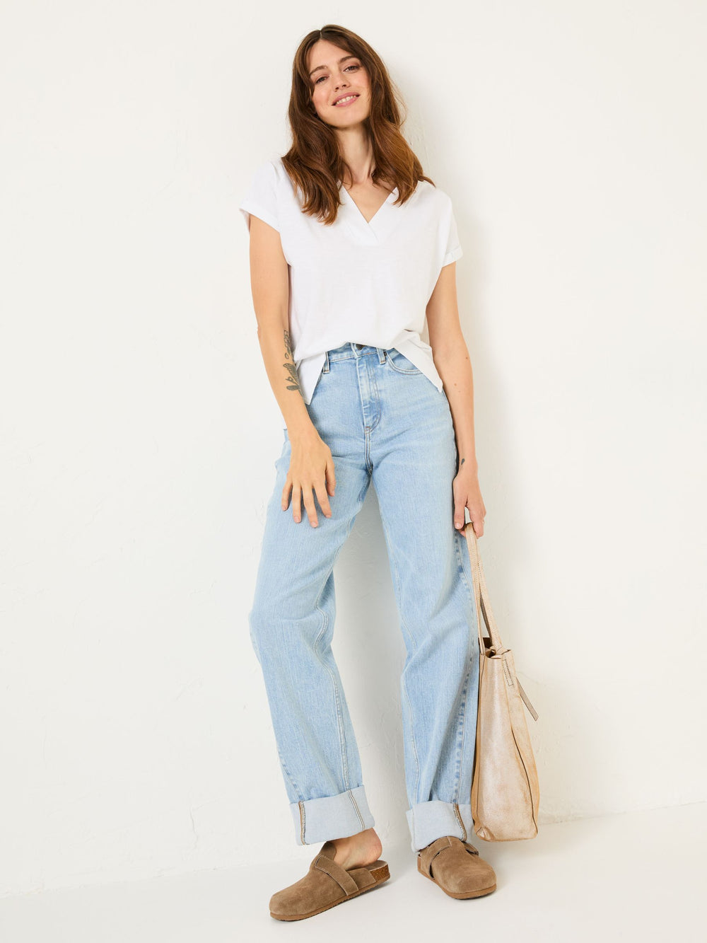 Tansy White 100% Cotton V-Neck T-Shirt