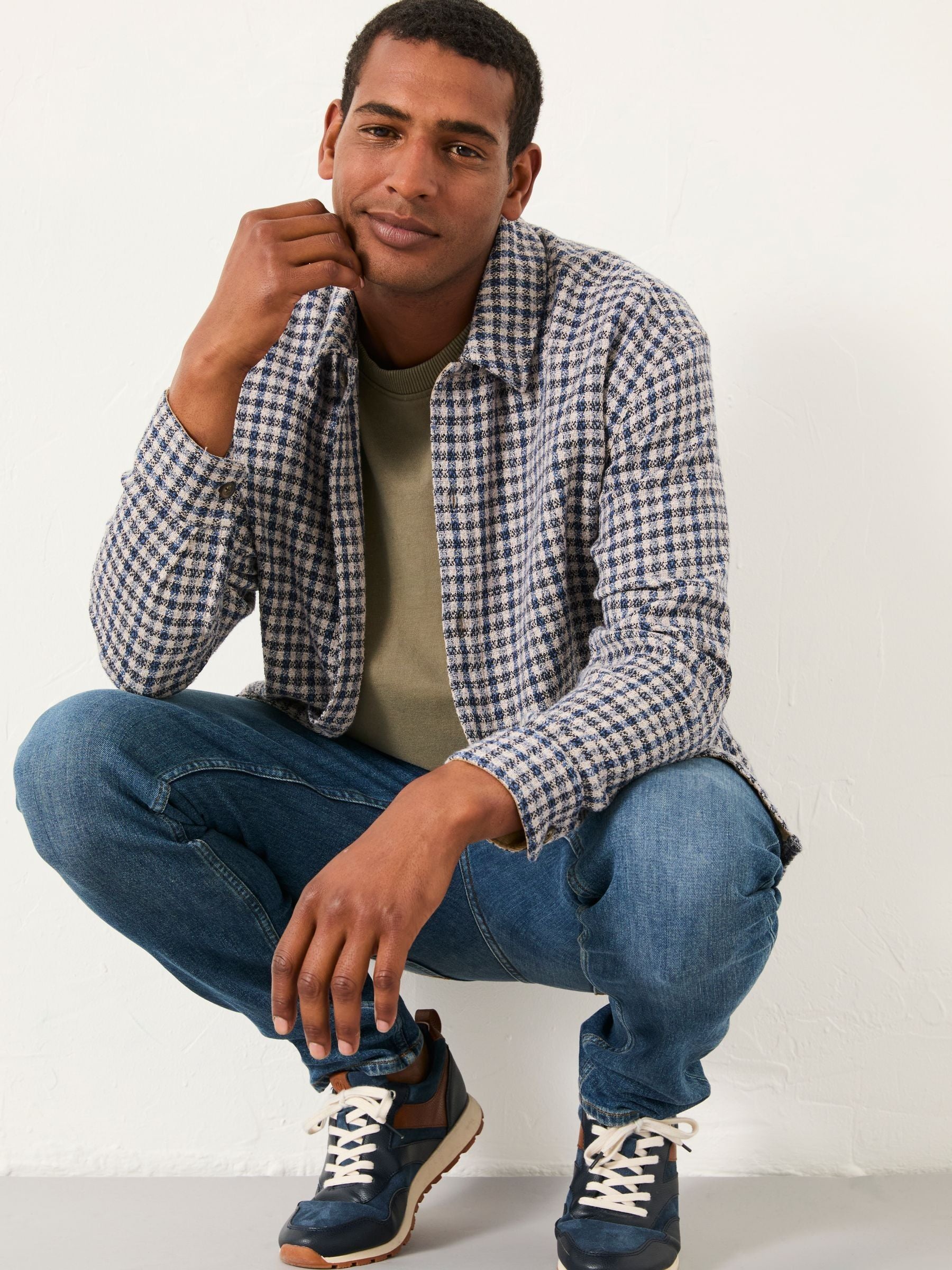 Heath Navy Long Sleeve Relaxed Fit Textured Gingham Shirt