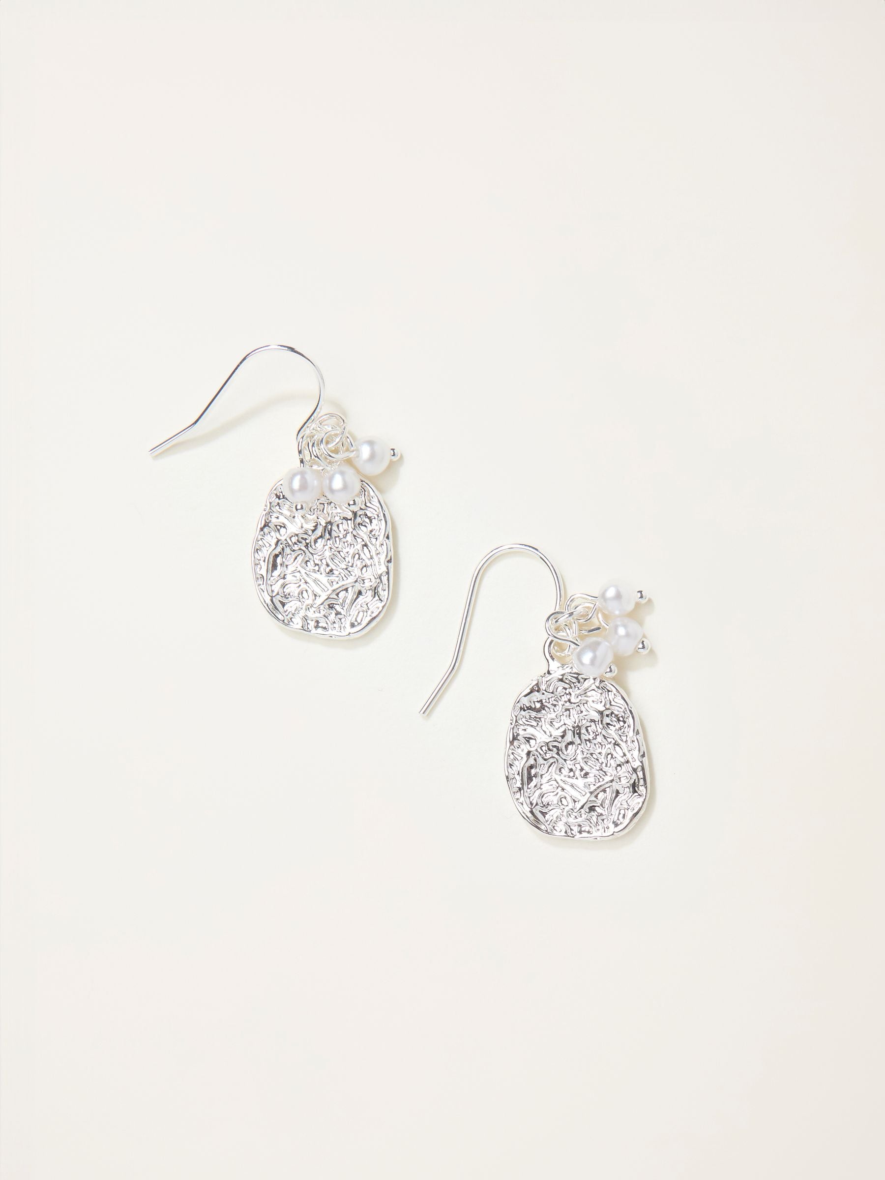 Silver Tone Hammered Pearl Drop Earrings