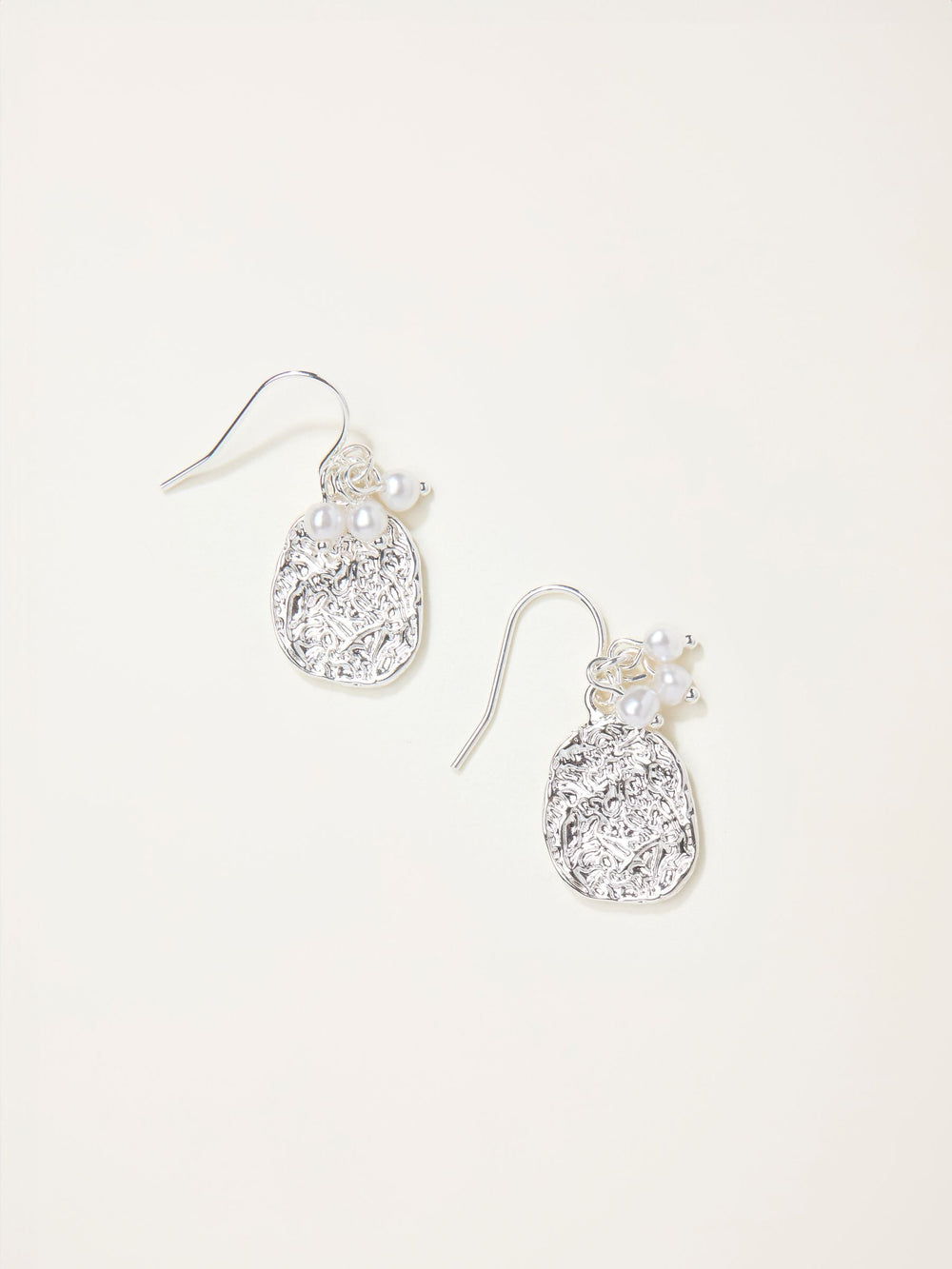 Silver Tone Hammered Pearl Drop Earrings