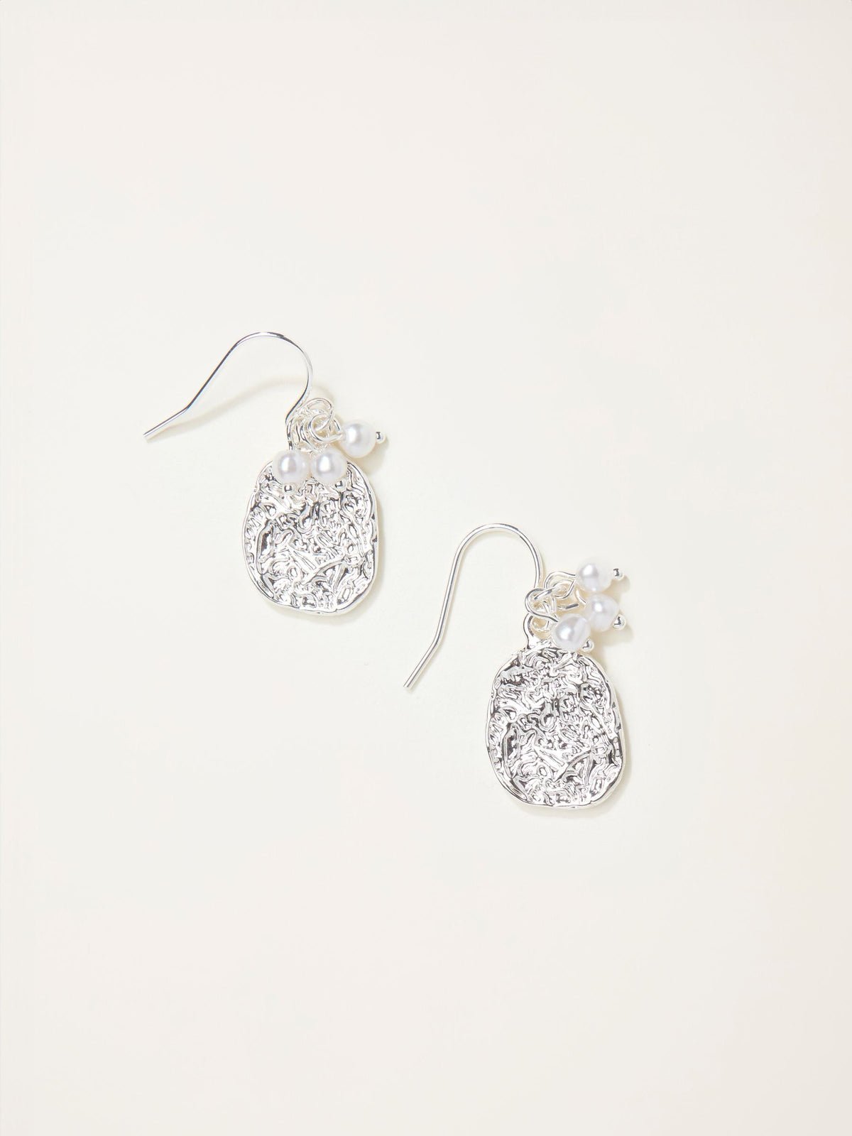 Silver Tone Hammered Pearl Drop Earrings