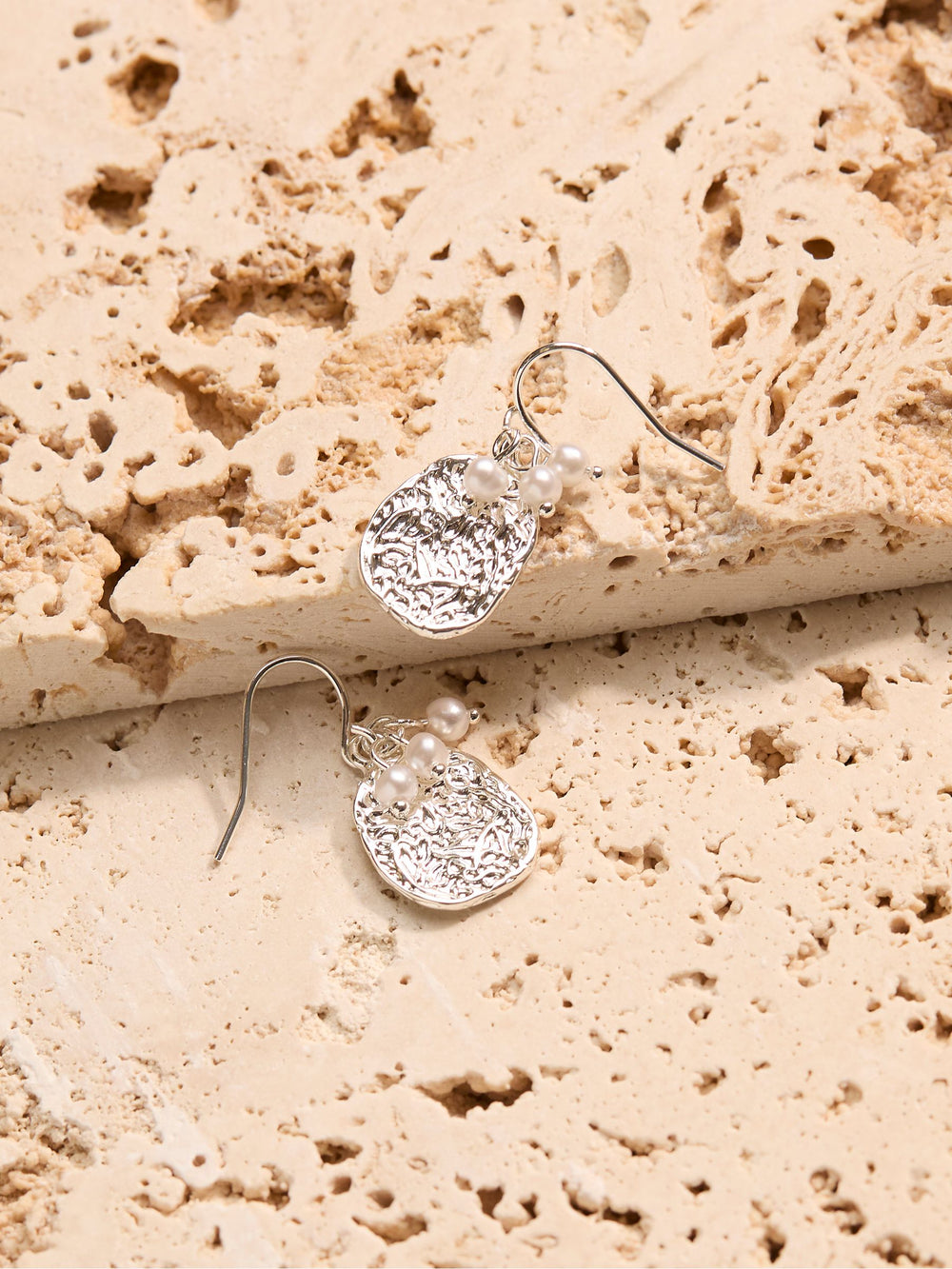 Silver Tone Hammered Pearl Drop Earrings