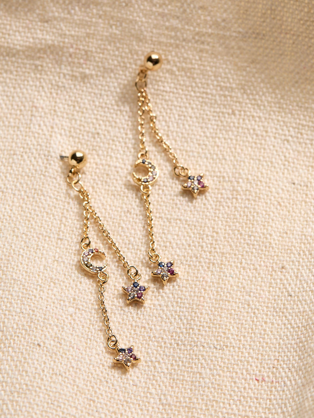 Gold Tone Star and Moon Chain Earrings