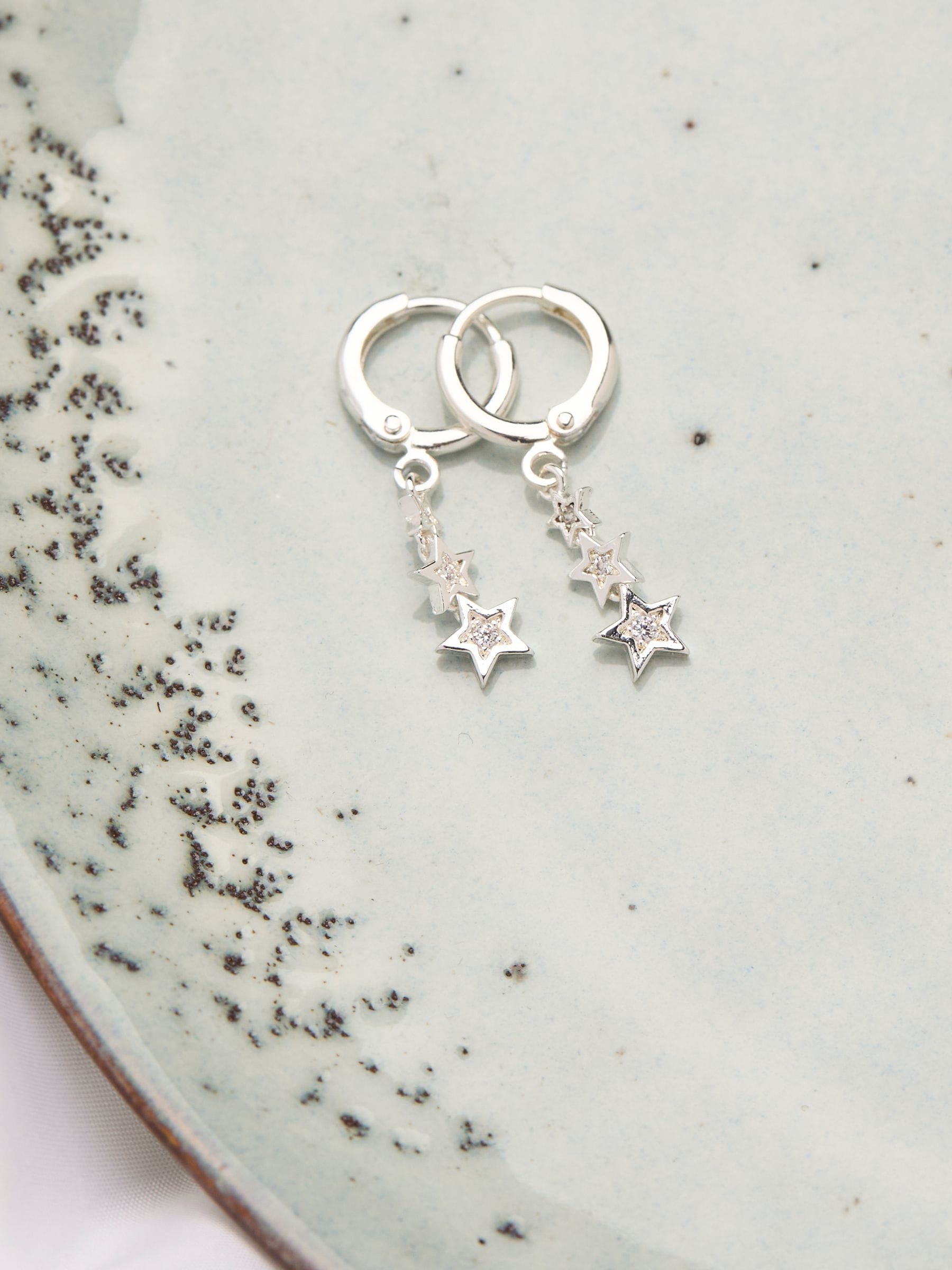 Silver Tone Trio Star Drop Earrings