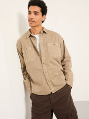 Light Brown Long Sleeve Relaxed Fit Garment Dye Utility Shirt