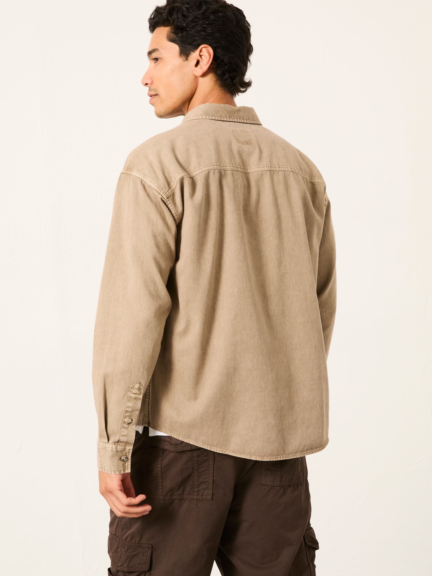 Light Brown Long Sleeve Relaxed Fit Garment Dye Utility Shirt