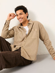 Light Brown Long Sleeve Relaxed Fit Garment Dye Utility Shirt