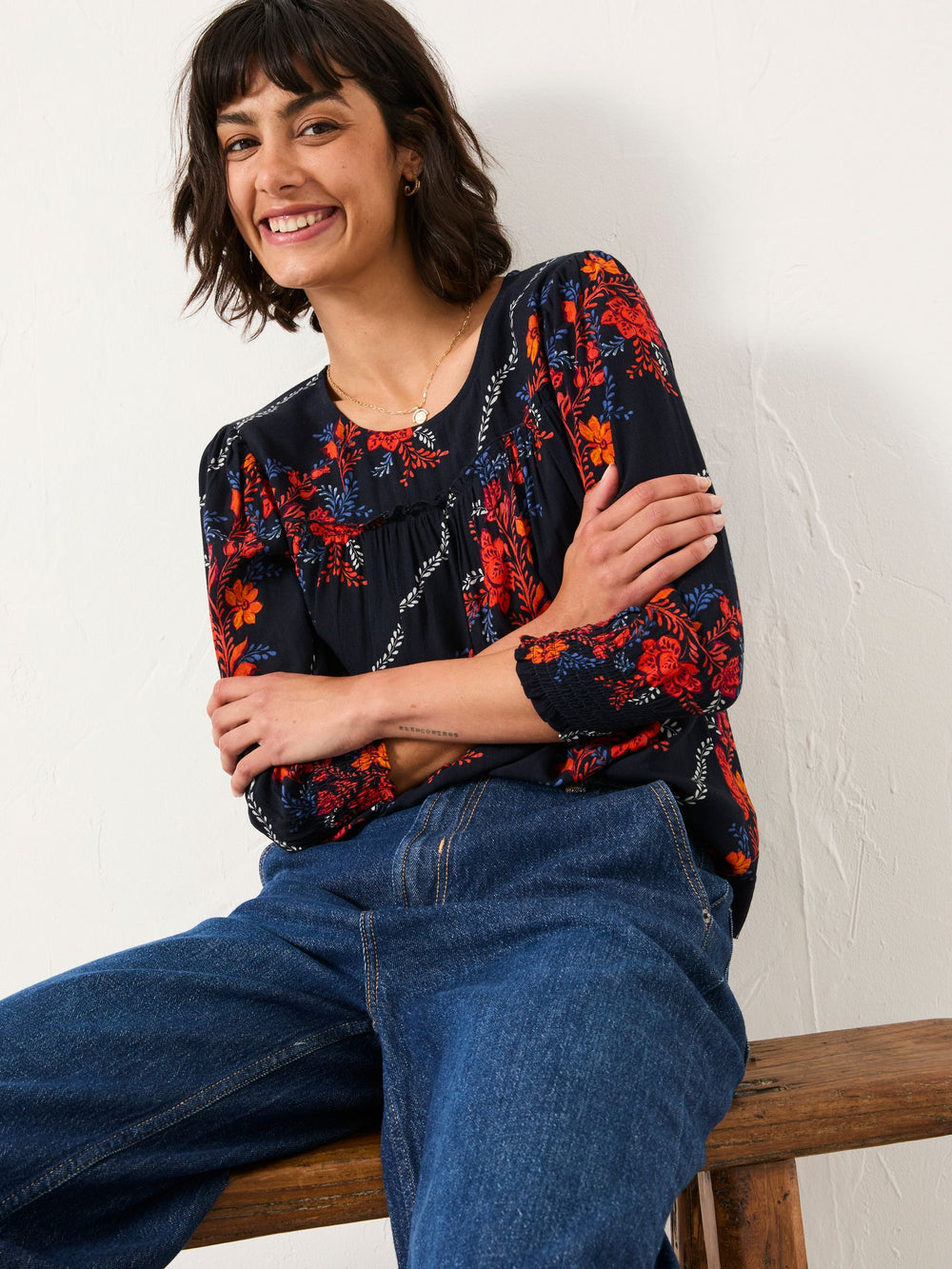 Shelley Navy Folk Floral Blouse