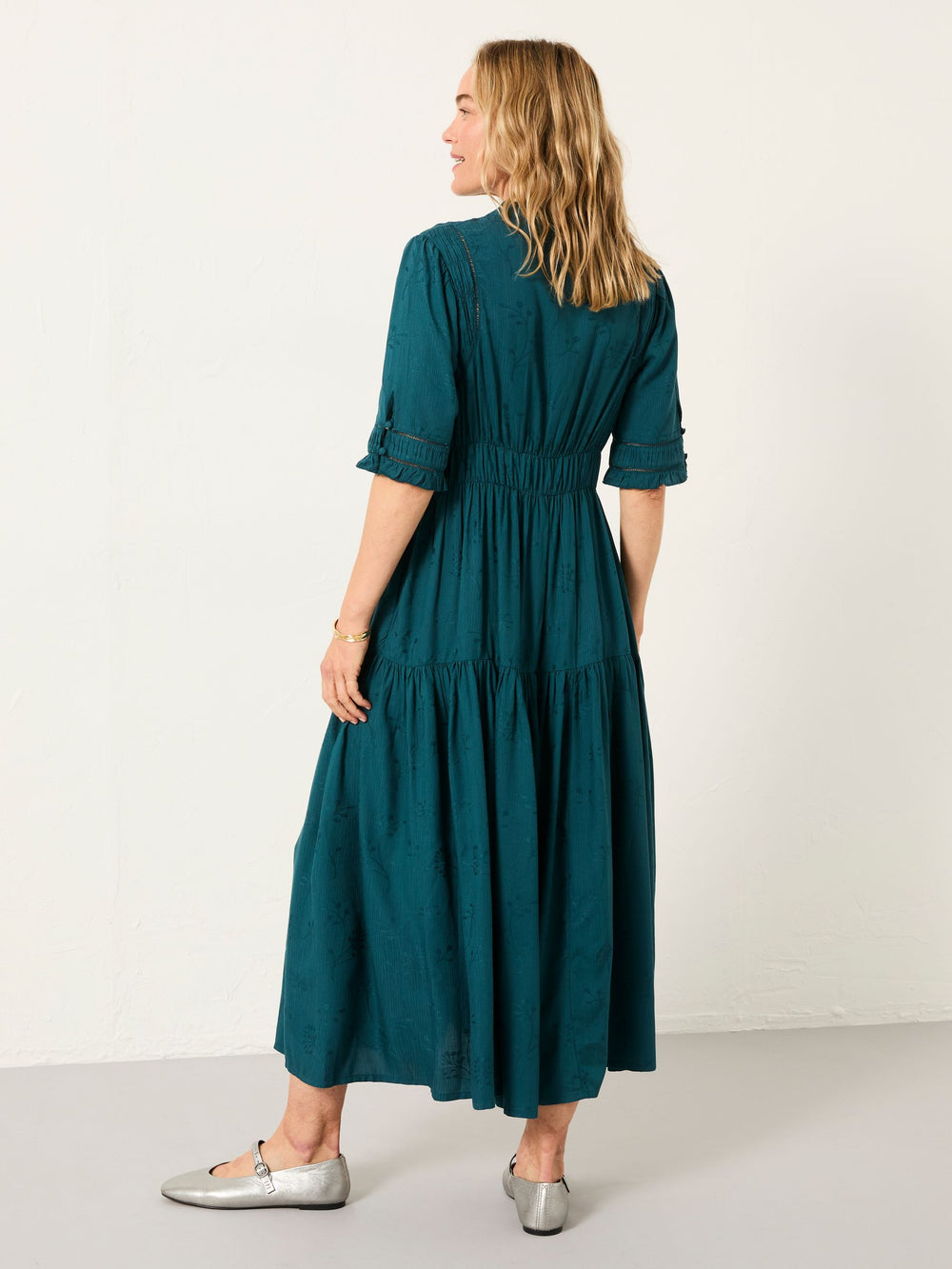Elsie Dark Teal Petite Embroidered Midi Dress