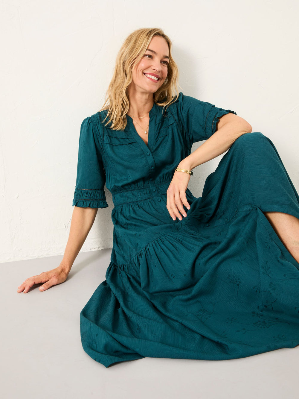 Elsie Dark Teal Petite Embroidered Midi Dress