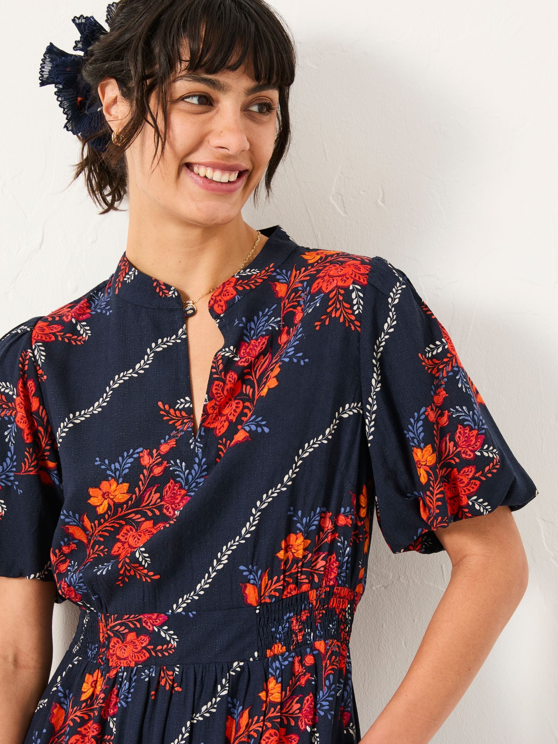 Becky Navy Folk Floral Petite Midi Dress