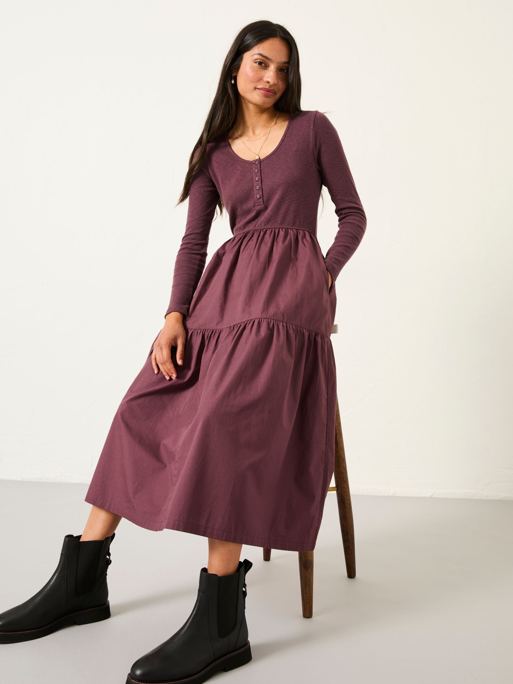 Louise Dusky Purple Petite Jersey Woven Midi Dress
